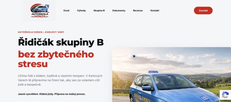 Ukázka úvodní stránky webu Autoškola Honza v Karlových Varech
