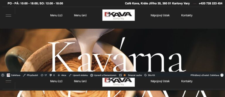 Úvodní stránka webu Café KAVA