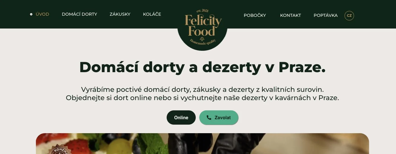 Ukázka úvodní stránky webu Felicity Food
