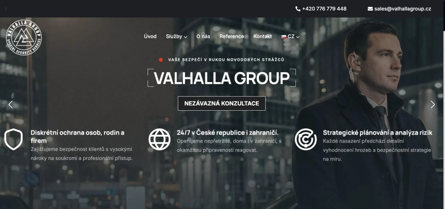 Ukázka úvodní stránky webu Valhalla Group